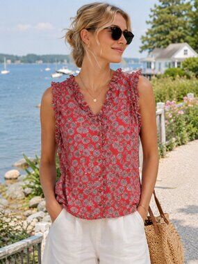 Anthropologie Maeve Raybe Red Floral Tank Top with ruffles sz 6